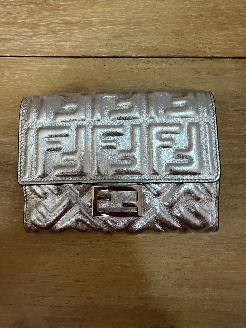 Fendi Metallic Silver Quilted FF Logo Wallet